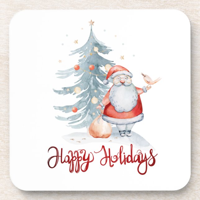 Happy Holidays,Santa Claus Pine Tree  Beverage Coaster (Front)