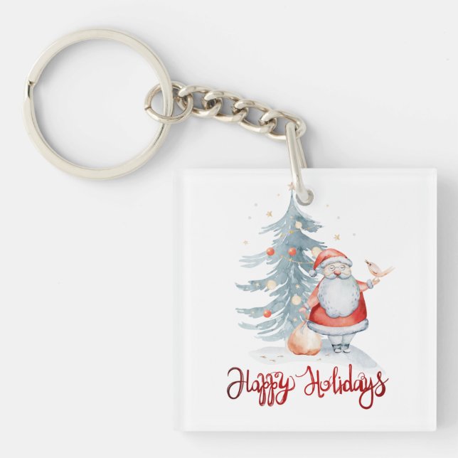 Happy Holidays,Santa Claus Pine Tree Keychain (Front)