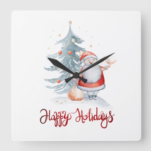 Happy HolidaysSanta Claus Pine Tree Square Wall Clock