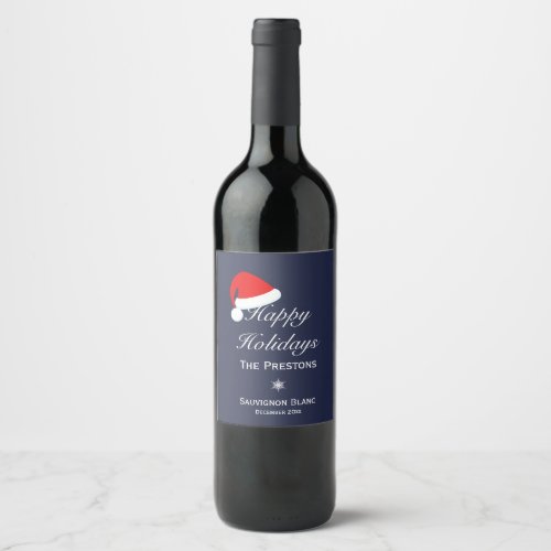 Happy Holidays Santa Hat Wine Label _ Blue