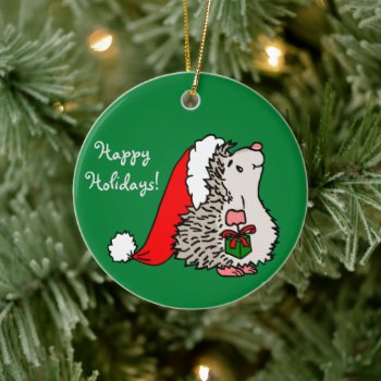 Happy Holidays Santa Hedgehog Ceramic Ornament by PugWiggles at Zazzle