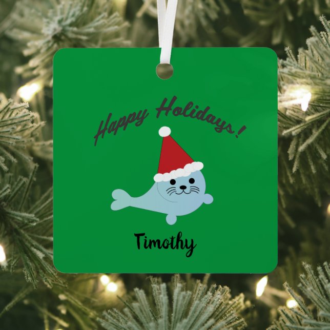 Happy Holidays Santa Seal Metal Ornament (Insitu)