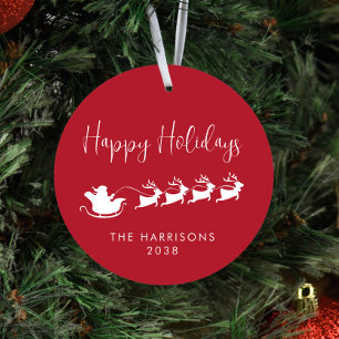 Happy Holidays Santa Sleigh Photo Red Christmas Metal Ornament