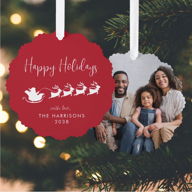 Happy Holidays Santa Sleigh Photo Red Christmas Ornament Card (Creator Uploaded)