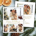 Happy Holidays Script 4 Photo Collage Christmas  Holiday Card<br><div class="desc">Modern Gold and White Happy Holidays Script 4 Photo Collage Christmas Card. This minimalist Christmas card features a 4 photo grid collage on the front and an extra photo on the back. The "Happy Holidays" greeting is elegantly hand-lettered in gold calligraphy on a clean white background, offering a chic and...</div>