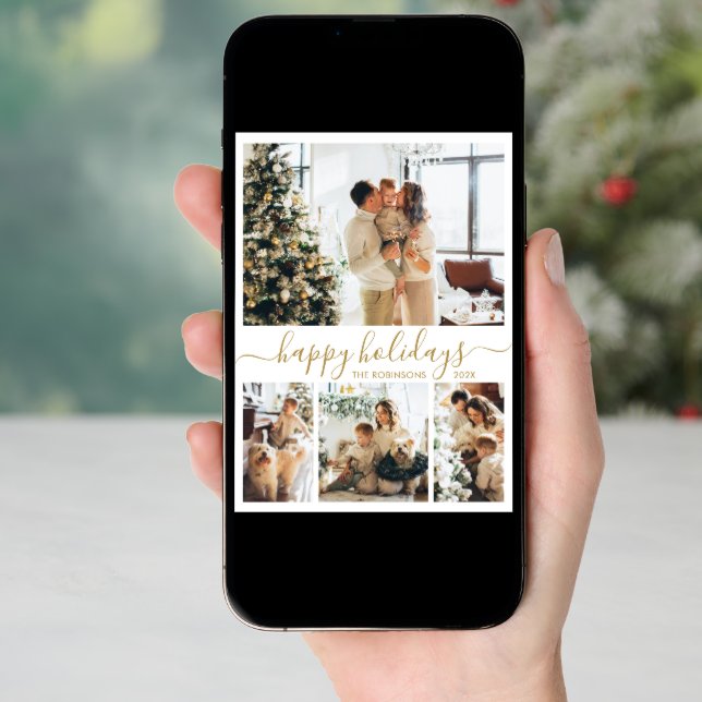Happy Holidays Script 4 Photo Collage Christmas  Holiday Card (Front Digital)