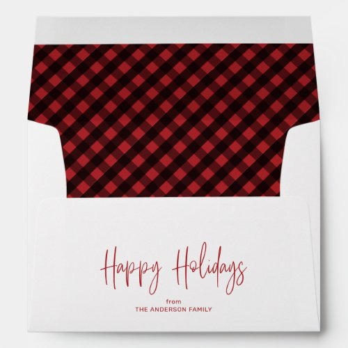 Happy Holidays Script 5x7 Red Buffalo Plaid Envelope
