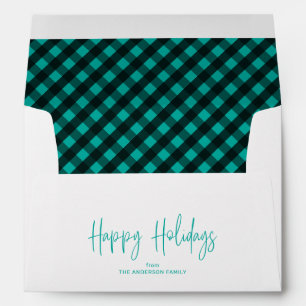Happy Holidays Script 5x7 Teal Buffalo Plaid Envelope