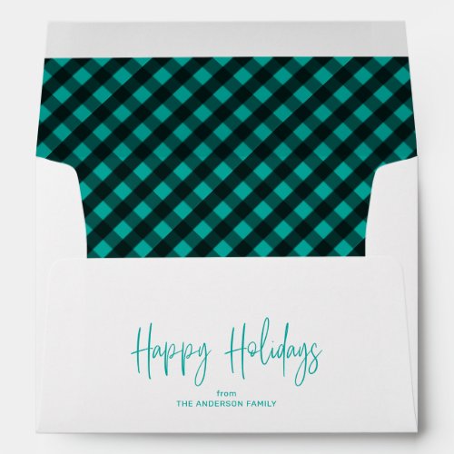 Happy Holidays Script 5x7 Teal Buffalo Plaid Envelope