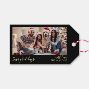 Happy Holidays Script Black Gold Family Photo Gift Tags