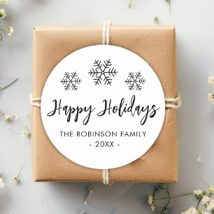 Happy Holidays Script Black White Snowflake Classic Round Sticker