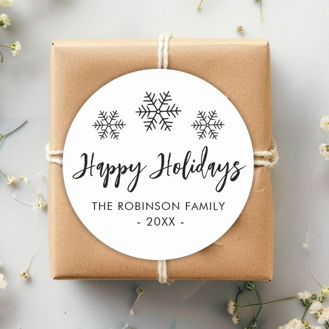 Happy Holidays Script Black White Snowflake Classic Round Sticker (Creator Uploaded)