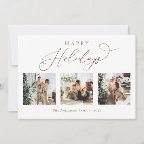 Happy Holidays Script Brown 2 Multi Photo Collage Holiday Card