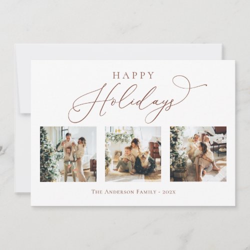 Happy Holidays Script Brown Multi Photo Collage Holiday Card