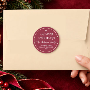 Happy Holidays Script Burgundy Name and Address Classic Round Sticker