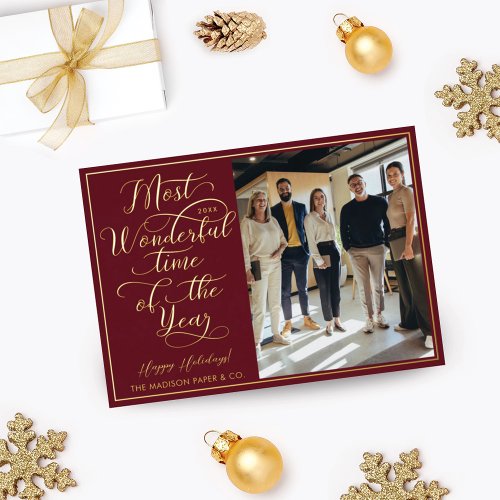 Happy Holidays Script Business Photo  Logo Red Foil Holiday Card