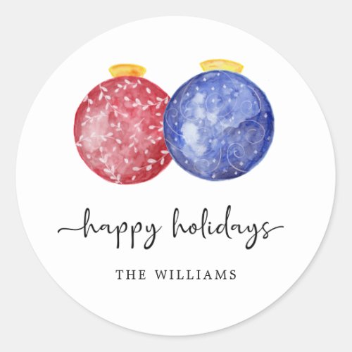 Happy Holidays Script Elegant Red Blue Ornaments Classic Round Sticker
