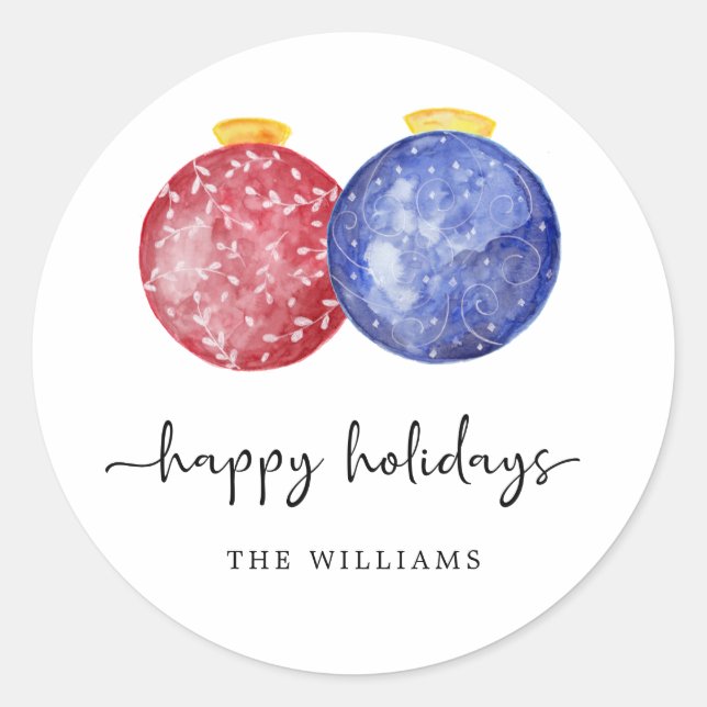 Happy Holidays Script Elegant Red Blue Ornaments Classic Round Sticker (Front)