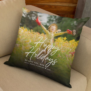 Happy Holidays Script Family Photo Custom Message Throw Pillow
