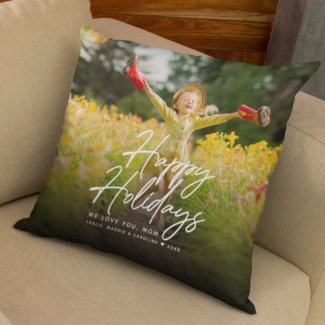 Happy Holidays Script Family Photo Custom Message Throw Pillow (Creator Uploaded)