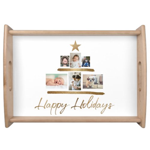 Happy Holidays Script Gold Christmas Family photo Serving Tray