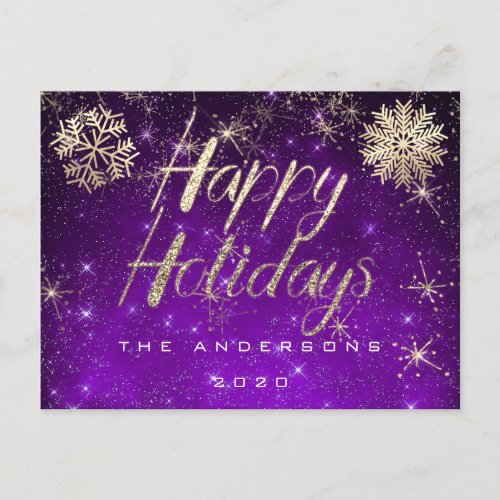 Happy Holidays Script  Gold Snow Purple Spark Name Postcard