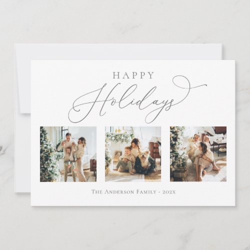 Happy Holidays Script Gray 2 Multi Photo Collage Holiday Card