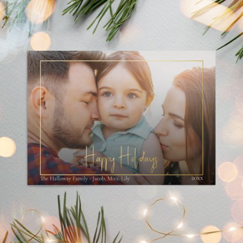 Happy Holidays Script Horizontal Framed photo Gold Foil Holiday Card