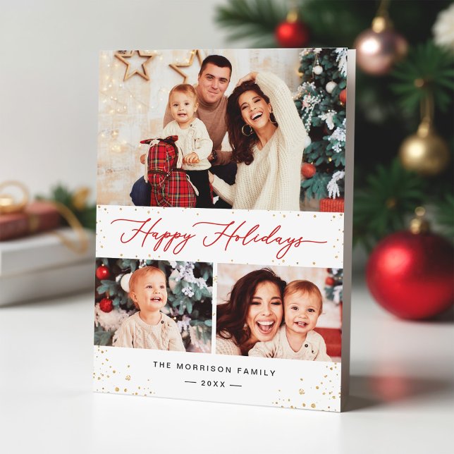 Happy Holidays Script Modern Gold Confetti 3 Photo Holiday Card (Creator Uploaded)