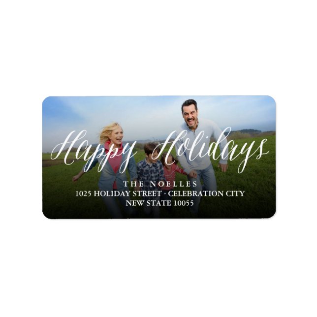 Happy Holidays Script Modern Photo Return Address Label (Front)