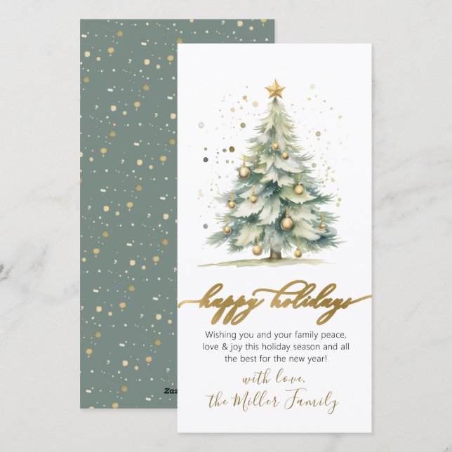 Happy Holidays Script Non Photo Christmas Tree Holiday Card (Front/Back)