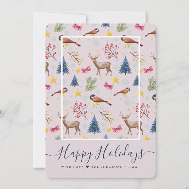 Happy Holidays Script Pattern Photo Holiday Card (Front)