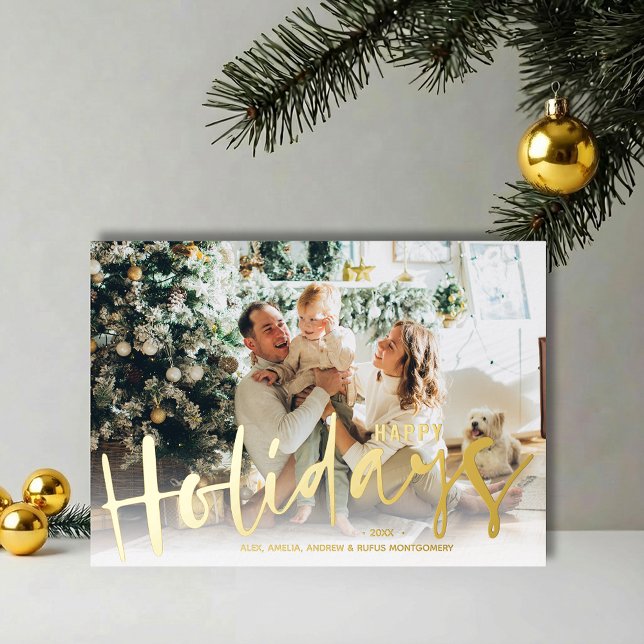 Happy Holidays Script Photo Gold Foil Holiday Card (REAL GOLD FOIL Happy Holidays script photo greeting cards)