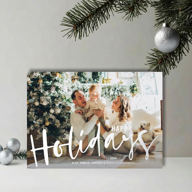 Happy Holidays Script Photo Silver Foil Holiday Card (REAL SILVER FOIL Happy Holidays script photo greeting cards
)