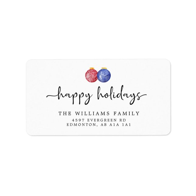 Happy Holidays Script Red Blue Christmas Ornaments Label (Front)