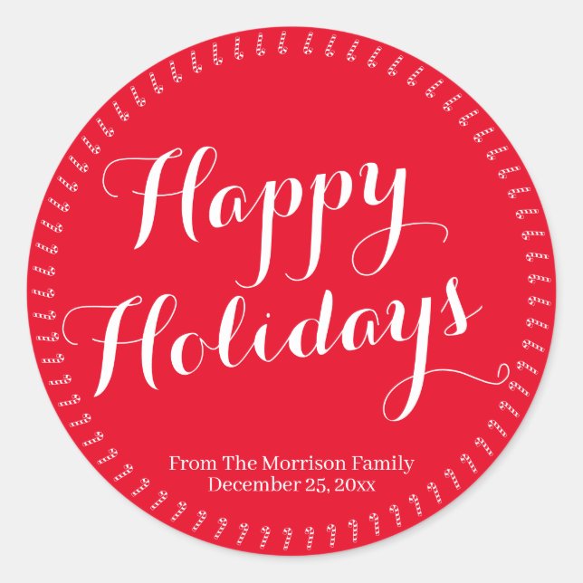 Happy Holidays script red custom family name  Classic Round Sticker (Front)