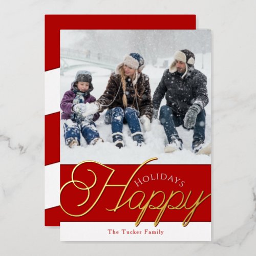Happy Holidays Script Red  Gold Photo Christmas Foil Holiday Card