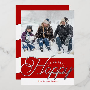 Happy Holidays Script Red & Silver Photo Christmas Foil Holiday Card