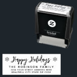 Happy Holidays Script Snowflake Return Address  Self-inking Stamp<br><div class="desc">Modern Elegant Happy Holidays Script Snowflake Christmas Return Address self-inking stamp. Features a „Happy Holidays” script in a hand lettered calligraphy brush font type and snowflakes symbol. Easy to add your family name and return address.</div>