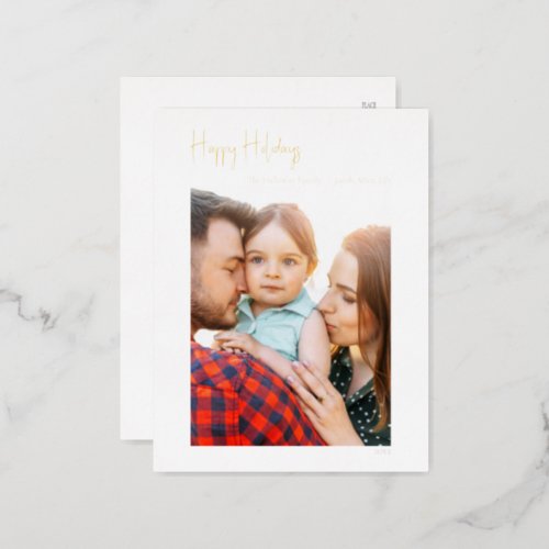 Happy Holidays Script Vertical Single Photo Gold Foil Holiday Postcard