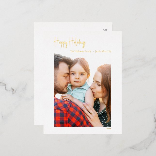Happy Holidays Script Vertical Single Photo Gold Foil Holiday Postcard (Front/Back)