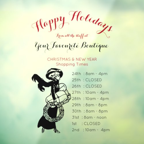 Happy Holidays shopping girl timetable black red Window Cling