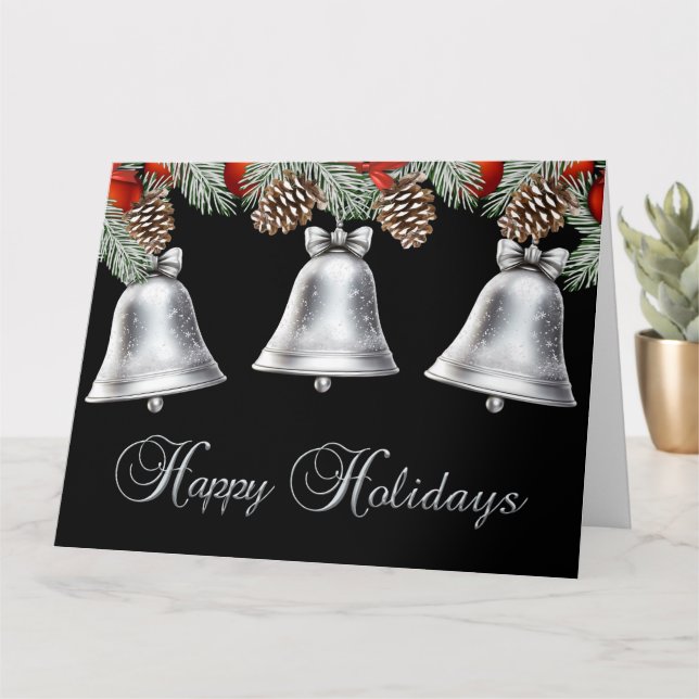 Happy Holidays Silver Bells with Pine Cones Card (Small Plant)