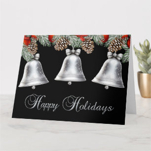 Happy Holidays Silver Bells with Pine Cones Card