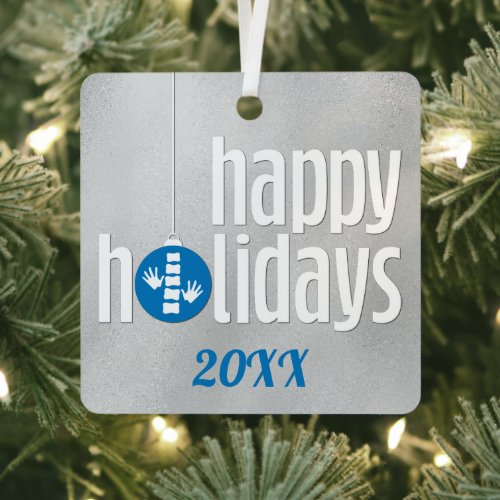 Happy Holidays Silver Blue Chiropractic Metal Ornament