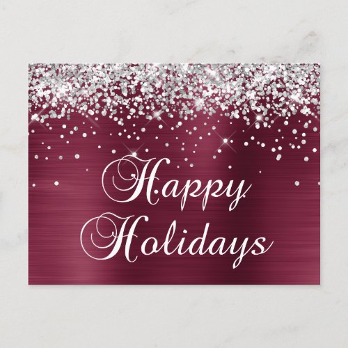 Happy Holidays Silver Glitter Burgundy Red Foil Holiday Postcard