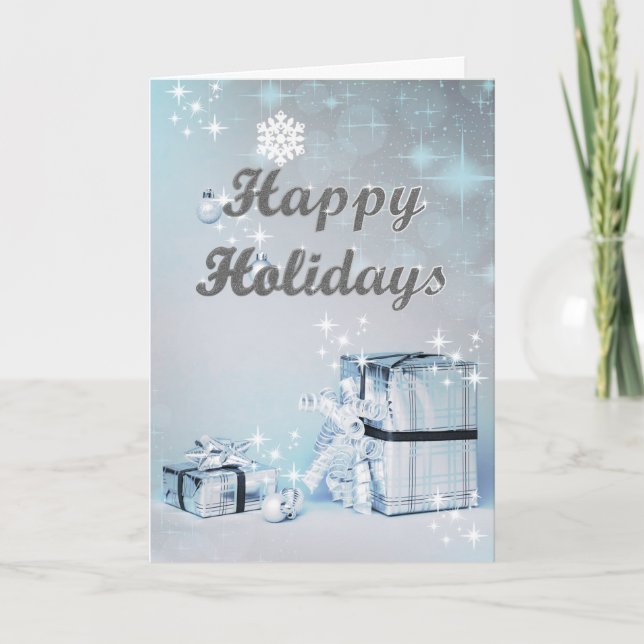 Happy Holidays Silver Glitter Christmas Holiday Card (Front)