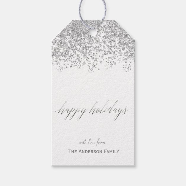 Happy Holidays Silver Glitter Gift Tags