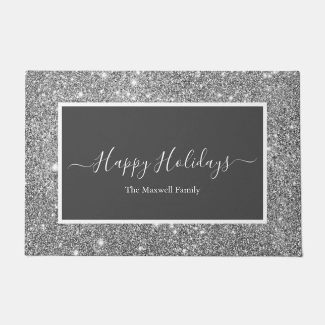 Happy Holidays silver glitter gray family name  Doormat (Front)