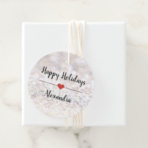 Happy Holidays silver glitter name Favor Tag